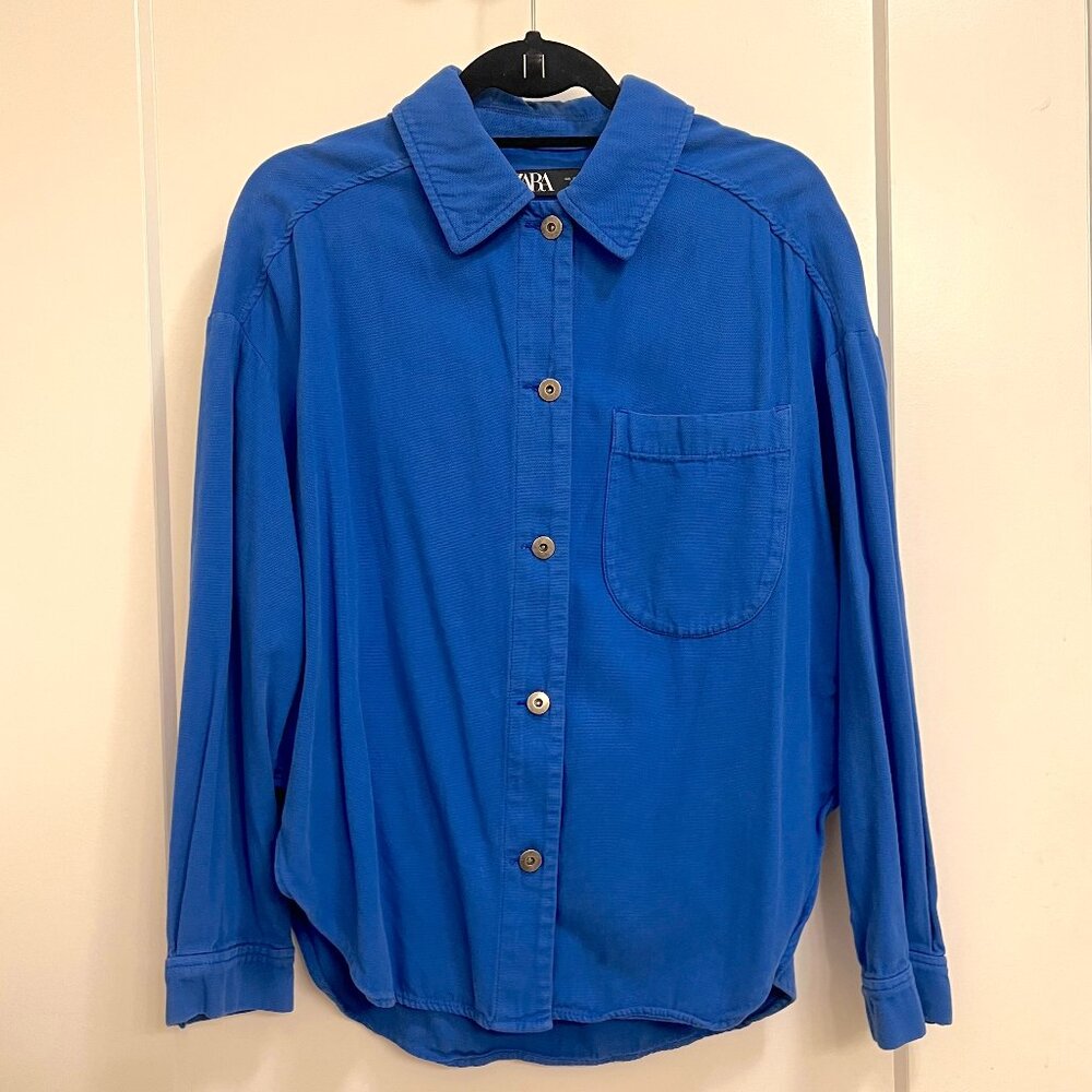 Zara Royal Blue Button-Down Shacket & Front Pocket - S